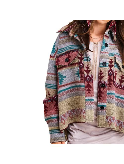 AMEBELLE Womens Aztec Print Shacket Vintage Fringed Wool Blend Shirt Jacket Coat