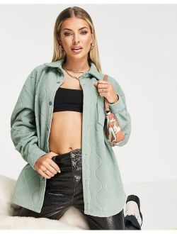 fleece shacket in wavy quilt in khaki