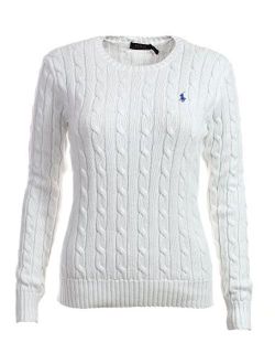 RALPH LAUREN Women's Crewneck Cable Knit Pony Logo Sweater (M White)