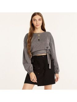 Tie-waist metallic crewneck sweater
