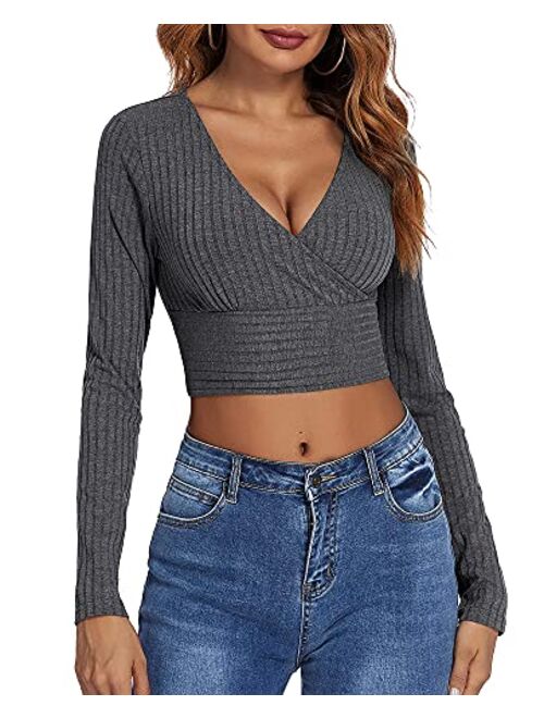 GEESENSS Women's Deep V Neck Long Sleeve Ribbed Knit Slim Fit Wrap Shirts Crop Tops