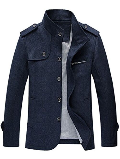 Chouyatou Men's Military Stylish Single Breasted Natural Fit Stripe Lined Wool Pea Coats
