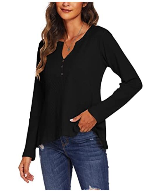 GEESENSS Women's Waffle Knit Henley Shirt V Neck Button Up Tunic Tops Long Sleeve Swing Flowy Shirts