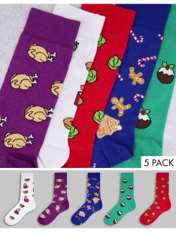 5 pack christmas food printed crew socks