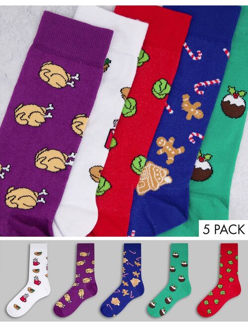 Asos Design 5 pack christmas food printed crew socks