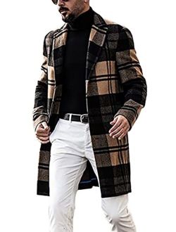 Men's Casual Notched Collar Plaid Single Breasted Wool Blend Formal Trench Top Coat