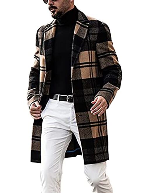 chouyatou Men's Casual Notched Collar Plaid Single Breasted Wool Blend Formal Trench Top Coat