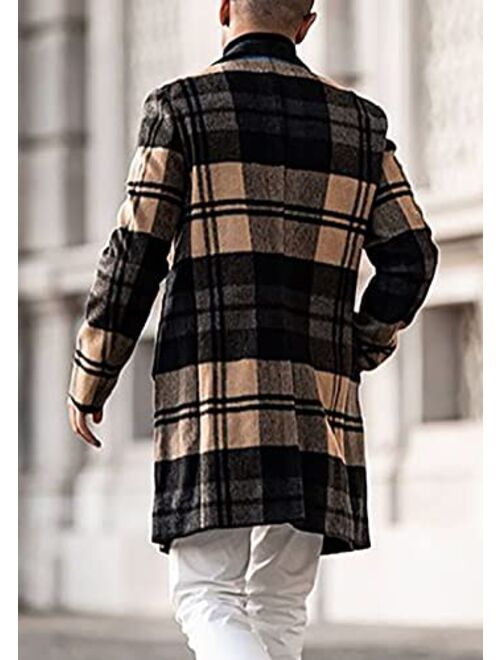 chouyatou Men's Casual Notched Collar Plaid Single Breasted Wool Blend Formal Trench Top Coat