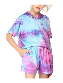 Girls Tie Dye Two Piece Outfit Short Sleeve Pullover Crop Tops and Short Pants Sweatsuits Tracksuits