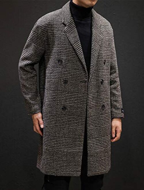 chouyatou Men's Stylish Office Double Breasted Long Plaid Wool Pea Coat Overcoat