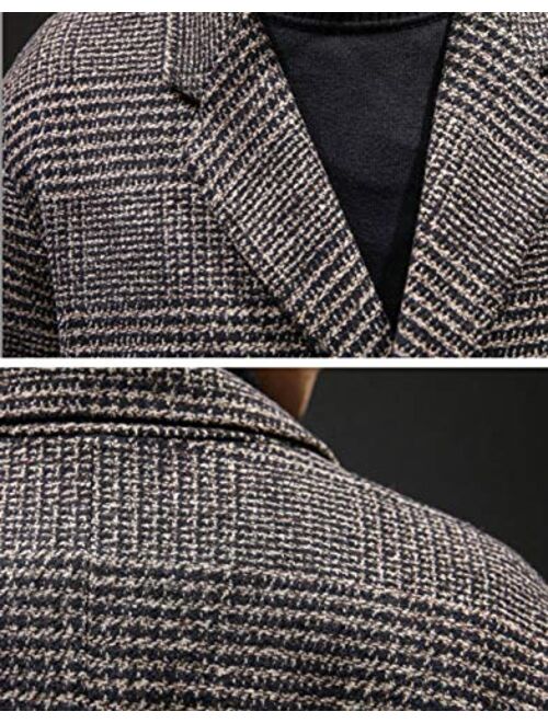 chouyatou Men's Stylish Office Double Breasted Long Plaid Wool Pea Coat Overcoat