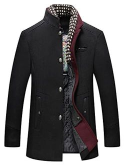 Men's Casual Banded Collar Single Breasted Thicken Quilted Lined Wool Blend Pea Coat Detachable Plaid Scarf