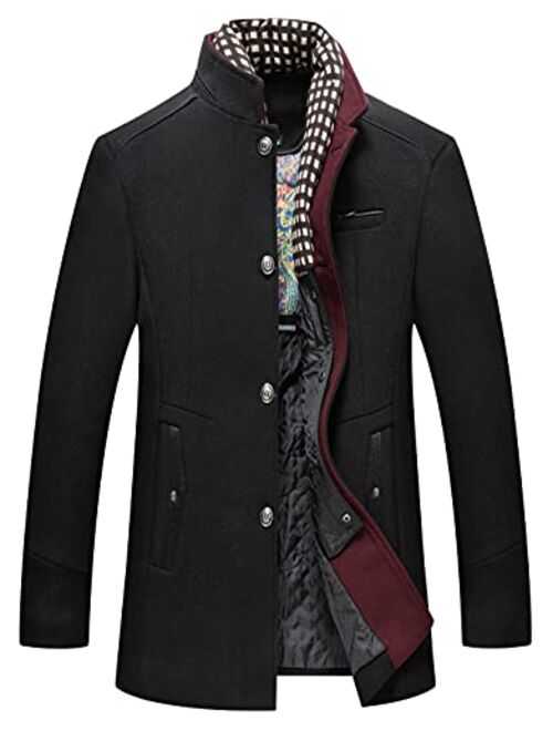 chouyatou Men's Casual Banded Collar Single Breasted Thicken Quilted Lined Wool Blend Pea Coat Detachable Plaid Scarf