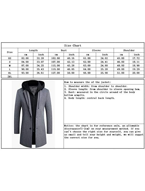 chouyatou Men's Classic Notched Collar Button-Zip Front Wool Blend Midi Pea Coats Detachable Hood