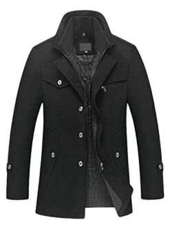 Mens Winter Stylish Single Breasted Plaid Sherpa Lined Wool Blend Pea Coats