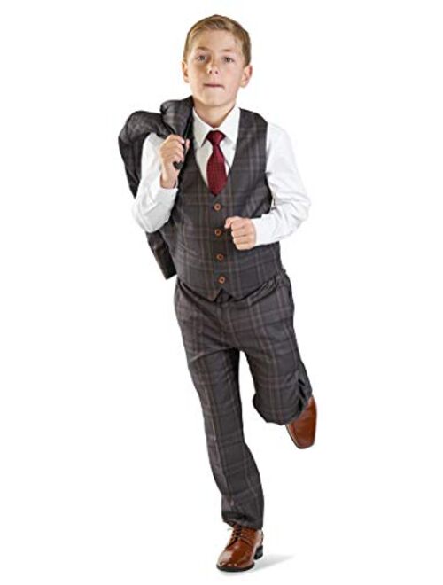 ÃZARMAN Boys Suit Tuxedo 5 Piece Set Windowpane Plaid Peak Lapel Vest Kids Dress Formal 35071