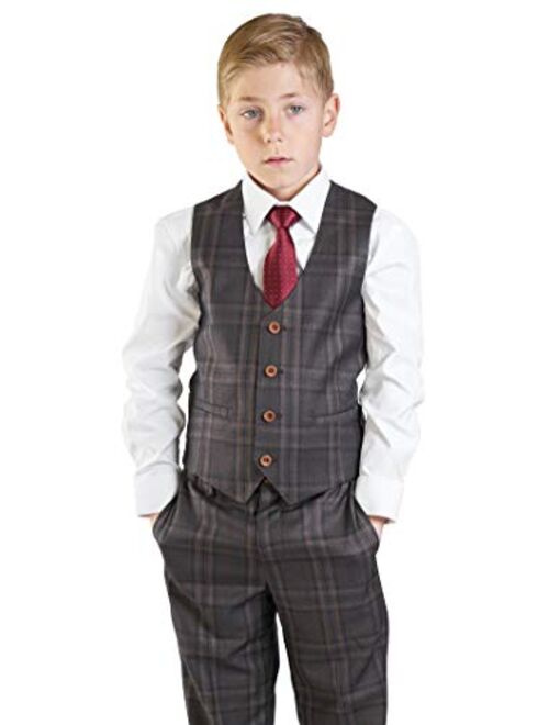 ÃZARMAN Boys Suit Tuxedo 5 Piece Set Windowpane Plaid Peak Lapel Vest Kids Dress Formal 35071
