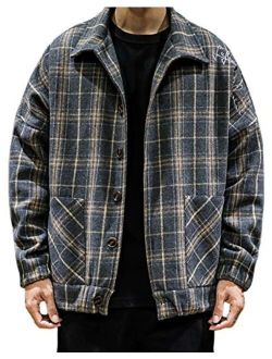 Men's Lapel Collar Loose Single Breasted Oversize Embroider Plaid Wool Blend Shacket Jacket