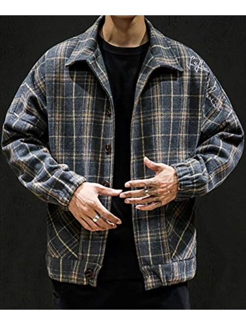 chouyatou Men's Lapel Collar Loose Single Breasted Oversize Embroider Plaid Wool Blend Shacket Jacket