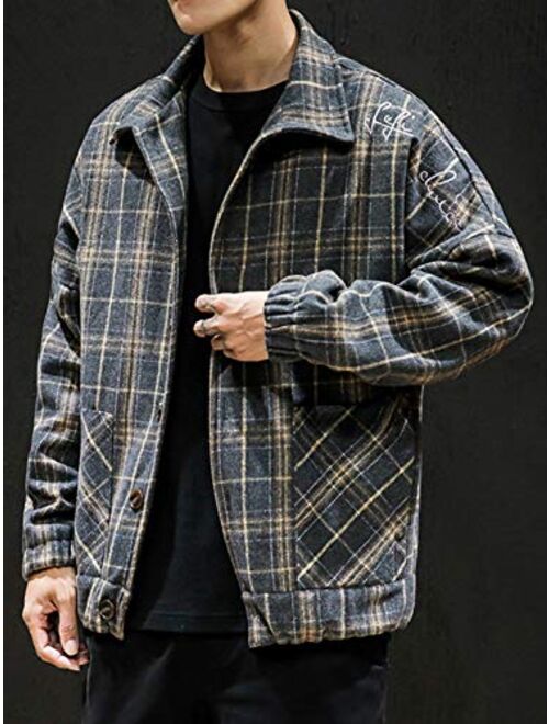 chouyatou Men's Lapel Collar Loose Single Breasted Oversize Embroider Plaid Wool Blend Shacket Jacket