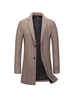 Men's Single Breasted Notched Collar Wool Blend Herringbone Tweed Pea Coat Overcoat