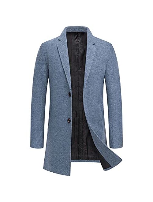 chouyatou Men's Single Breasted Notched Collar Wool Blend Herringbone Tweed Pea Coat Overcoat
