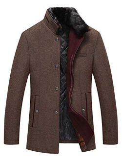 Men's Winter Quilted Lined Single Breasted Slim Woolen Pea Coat Detachable Fur Collar