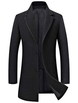 Men's Business Notched Collar 2 Button Slim Embroider Edge Splited Woolen Pea Coat