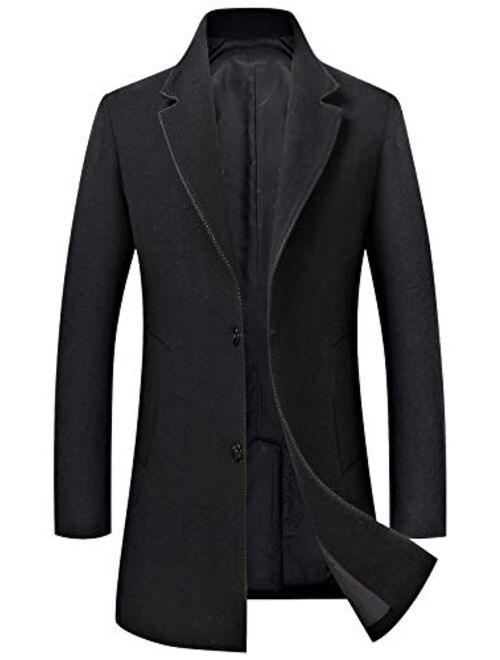 chouyatou Men's Business Notched Collar 2 Button Slim Embroider Edge Splited Woolen Pea Coat