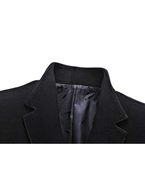 chouyatou Men's Business Notched Collar 2 Button Slim Embroider Edge Splited Woolen Pea Coat