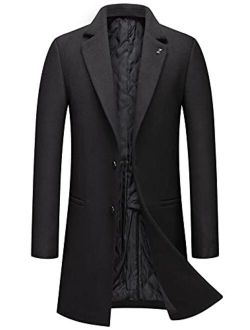 Men's Classic Notched Collar 2 Button Slim Fit Heavyweight Padded Wool Blend Windbreaker Long Trench Coat