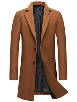 Men's Classic Notched Collar 2 Button Slim Fit Heavyweight Padded Wool Blend Windbreaker Long Trench Coat