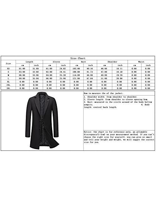 chouyatou Men's Classic Notched Collar 2 Button Slim Fit Heavyweight Padded Wool Blend Windbreaker Long Trench Coat