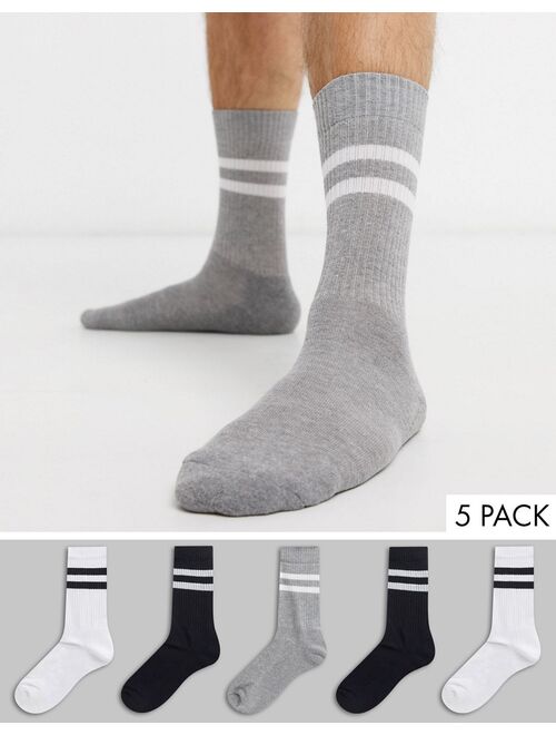 Asos Design 5 pack sports style crew socks in monochrome with stripes save