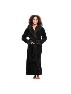 Women's Warm Fleece Robe with Hood, Long Faux Fur Plush Bathrobe for Winter