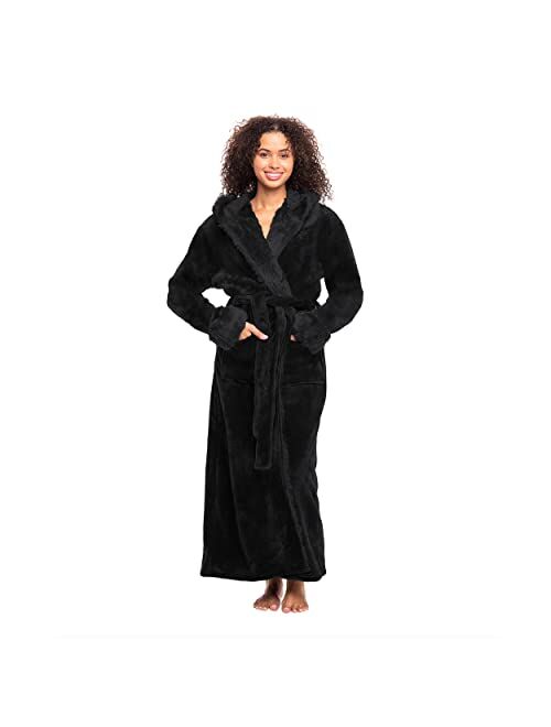 Alexander Del Rossa Women's Warm Fleece Robe with Hood, Long Faux Fur Plush Bathrobe for Winter