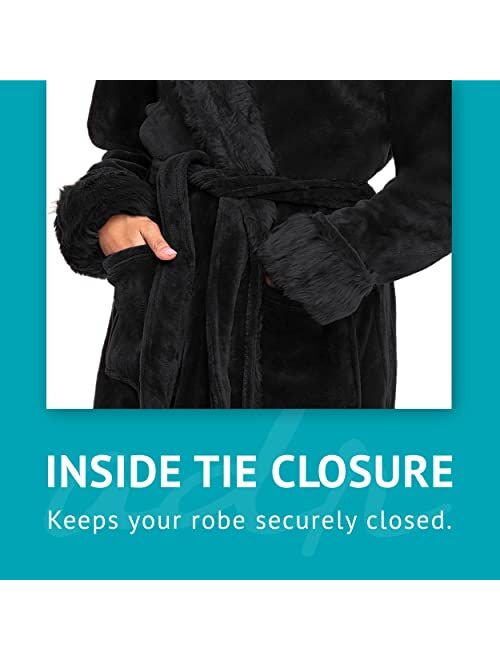 Alexander Del Rossa Women's Warm Fleece Robe with Hood, Long Faux Fur Plush Bathrobe for Winter