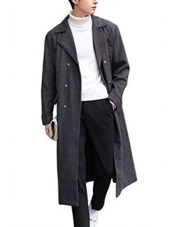 Men's Cool Double Breasted Over Knee Long Plaid Wool Pea Coat Overcoat