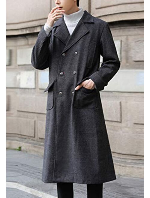 chouyatou Men's Cool Double Breasted Over Knee Long Plaid Wool Pea Coat Overcoat