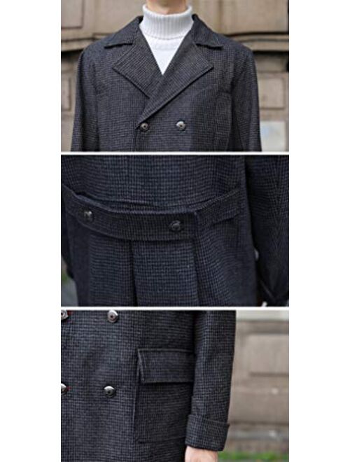chouyatou Men's Cool Double Breasted Over Knee Long Plaid Wool Pea Coat Overcoat