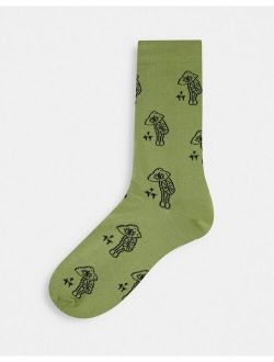 mushroom eye design ankle socks in khaki