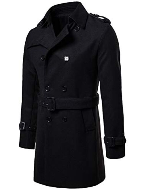 chouyatou Men's Button Front Double Breasted Mid-Long Wool Pea Coat
