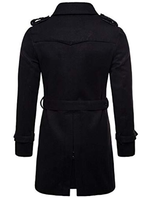 chouyatou Men's Button Front Double Breasted Mid-Long Wool Pea Coat