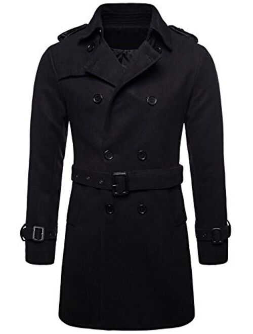 chouyatou Men's Button Front Double Breasted Mid-Long Wool Pea Coat