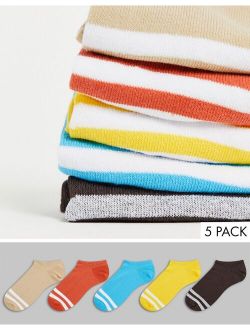 5 pack sneaker socks with sports stripes in autumn tones