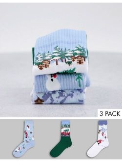 3 pack sports sock with christmas landscape skiing santas