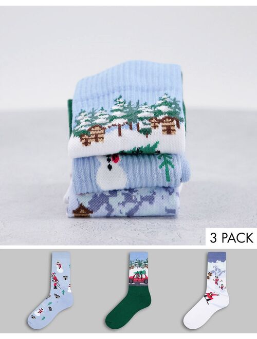 Asos Design 3 pack sports sock with christmas landscape skiing santas