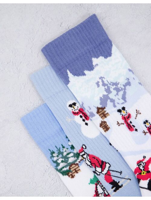 Asos Design 3 pack sports sock with christmas landscape skiing santas