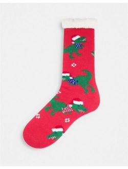 Slipper sock with xmas dinosaurs