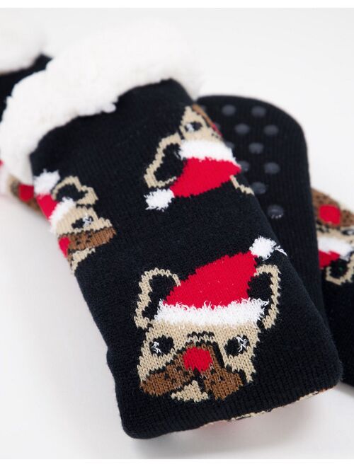 Asos Design slipper crew socks with Christmas pugs